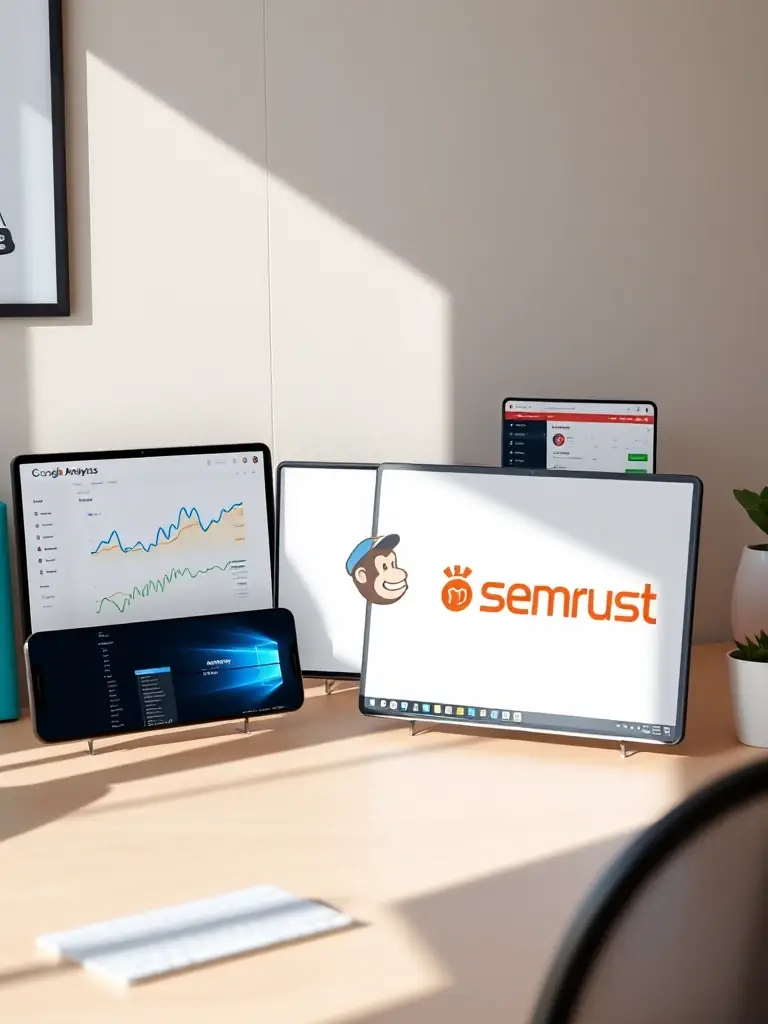 A collage of screenshots featuring essential online business tools, such as Google Analytics, Mailchimp, and SEMrush, arranged to highlight their diverse functionalities.