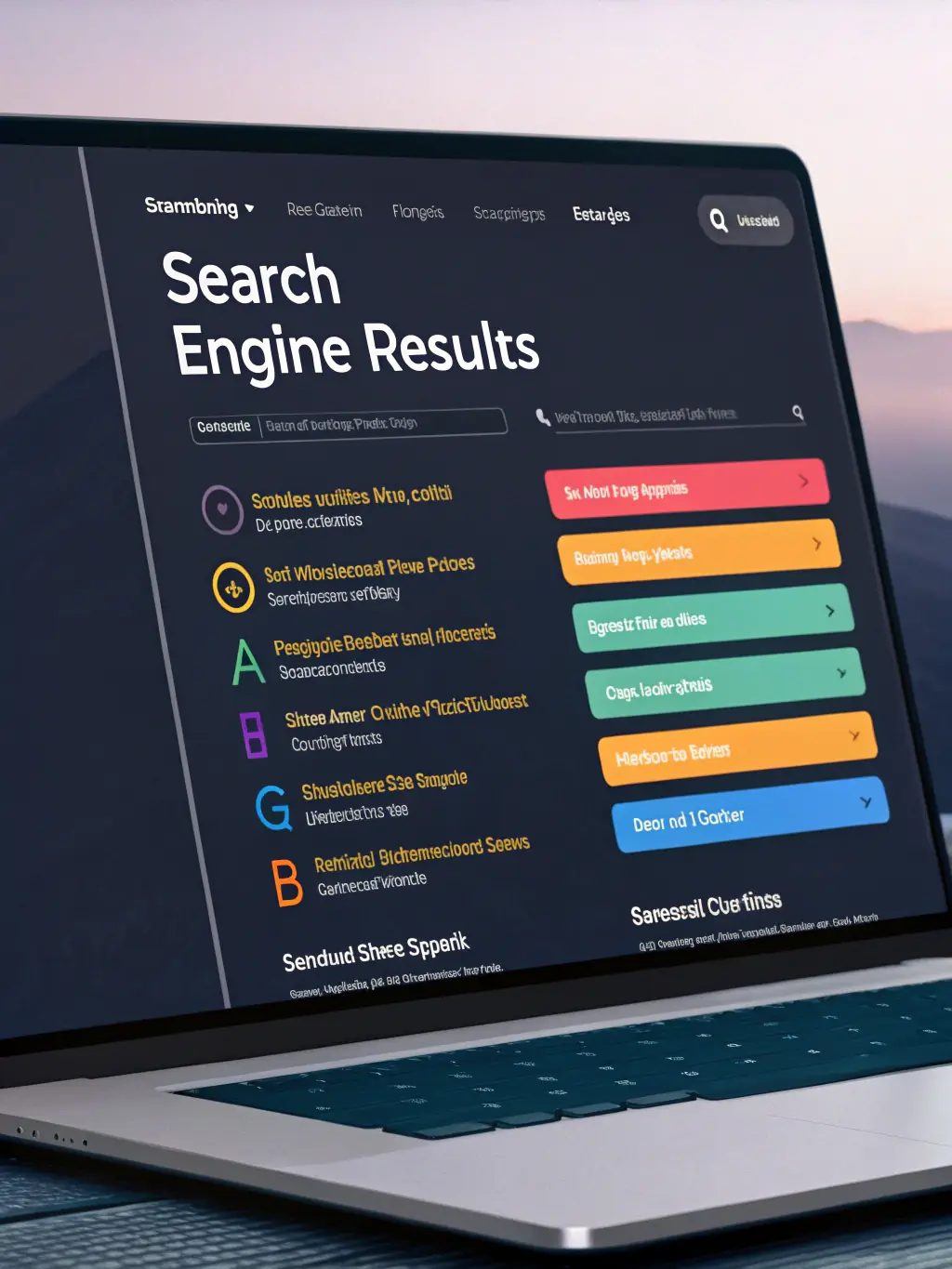 A visually appealing graphic representing SEO optimization, featuring keywords, search engine results pages (SERPs), and website analytics dashboards.