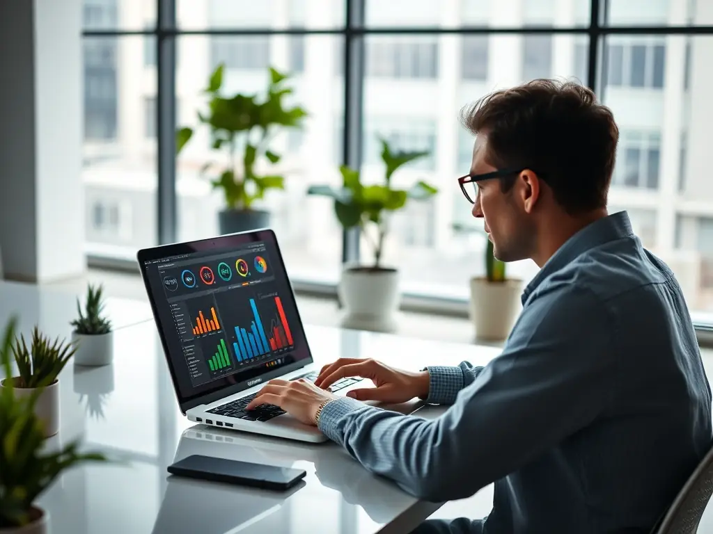 A person working on a laptop with multiple charts and graphs displayed on the screen, symbolizing data analysis and strategic planning for online business success.