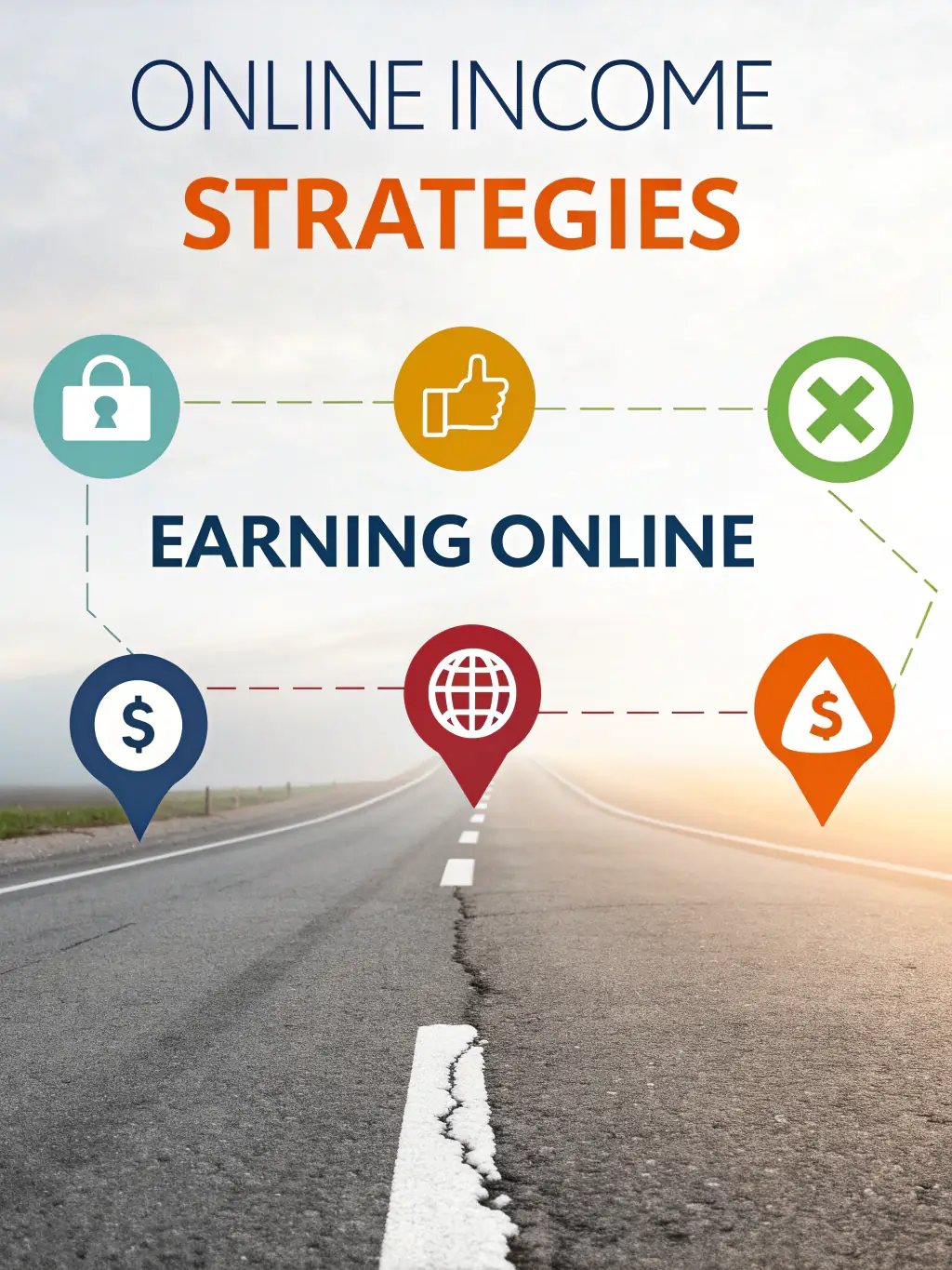 A vibrant infographic showcasing various online earning strategies, including affiliate marketing, e-commerce, and content creation, set against a background of a laptop displaying financial charts.
