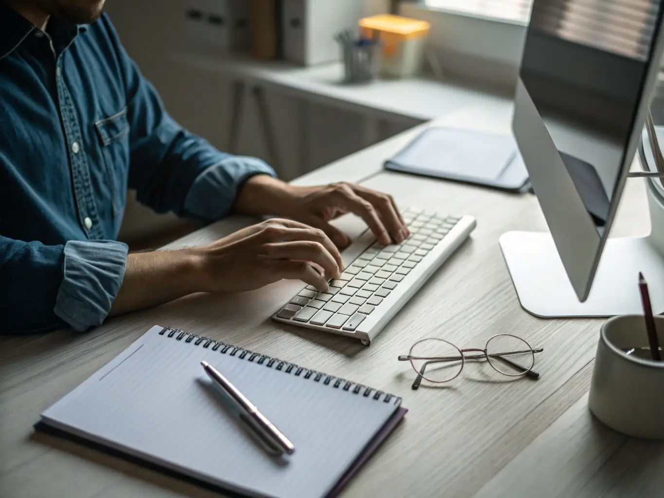 A person typing on a keyboard with a focus on content creation, symbolizing the importance of high-quality content for attracting and retaining an audience.