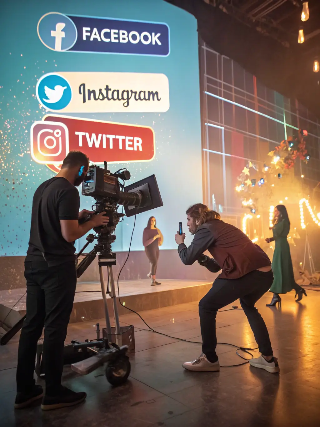 A dynamic image depicting social media marketing, showcasing various social media platforms, engaging content, and audience interaction.
